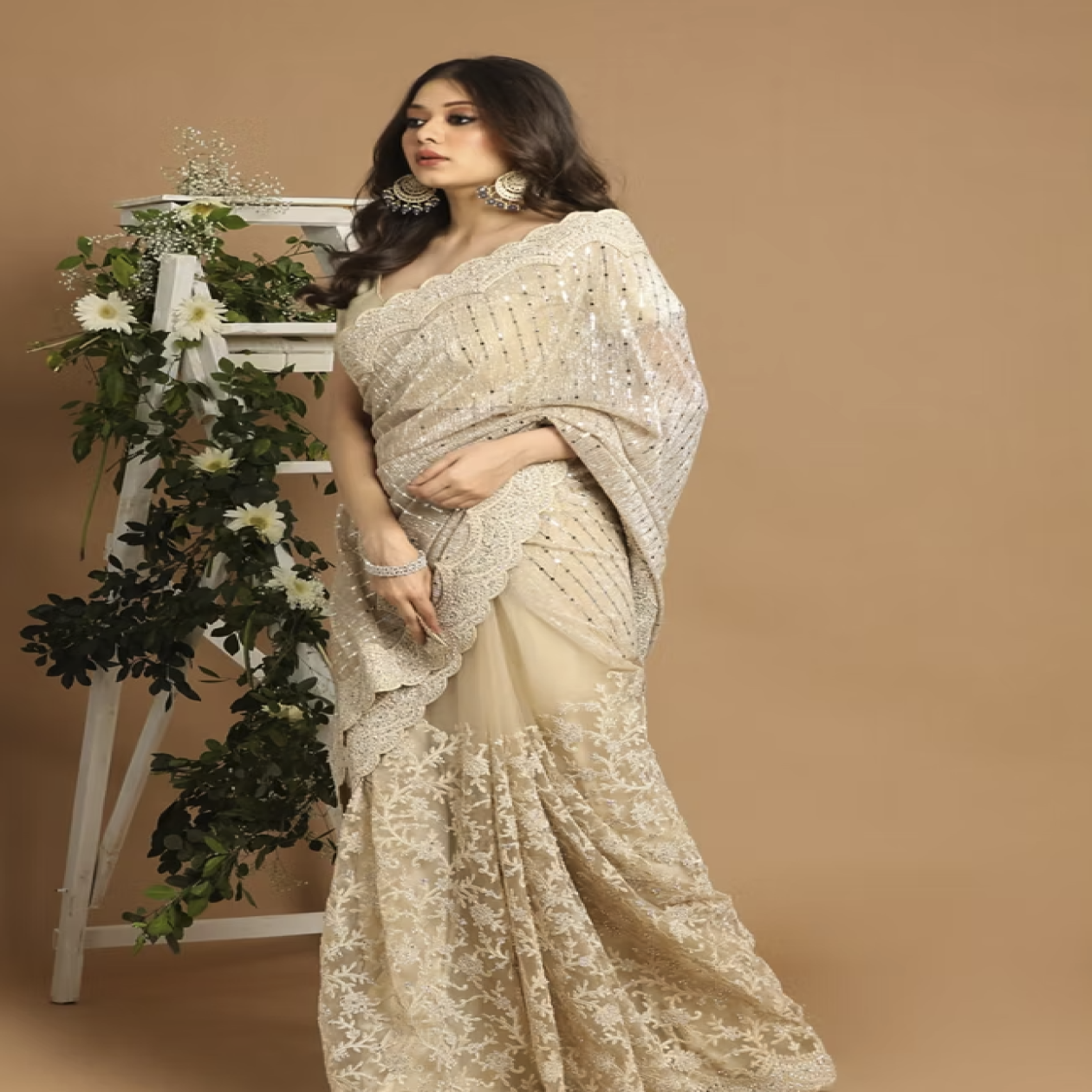 Beige Net Saree